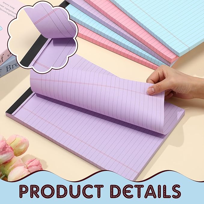 Honoson 6 Pack Legal Pads 8.5 x 11 College Ruled Colored Notepad 600 Sheets Wide Ruled Writing Pads 100 Sheets/pad Lined Paper Bulk for Office School Classroom Teacher Students Supplies, 3 Colors