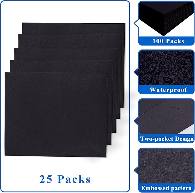 Zzrywuty 25 Packs 2 Pocket File Folders with Business Card Slot,Textured Paper,Letter Size,Holds 100 Sheets for School,Office,Business,Black