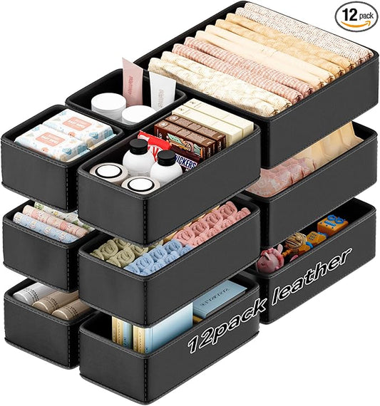 Vegan Leather Drawer Organizers,12 Pack Makeup Storage boxes,Vanity Drawer Luxury upgrade,Bedroom fabric Drawers replacement,bathroom organization and storage Optimal solution