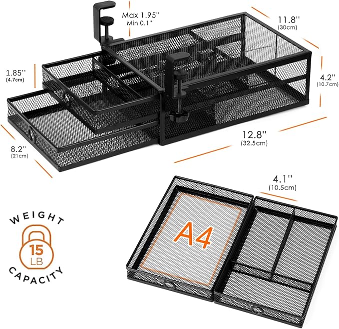 2-Tier Clamp-On Mesh Organizer, Under Desk Storage with Slide-Out Tray, No Drilling Tool-Free Installation, Durable Rust-Resistant Metal, Large-Capacity Organizer.