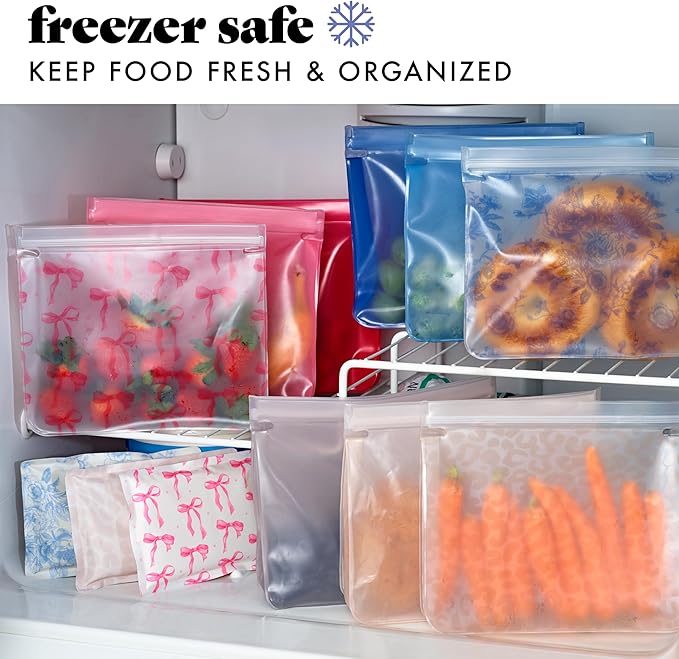 Fit & Fresh Reusable PEVA Storage Bags 3 Pack, Reusable Food Storage Bags, LeakProof Bag, Durable, Reusable Sandwich Bags, Freezer Safe Bags, Hand Wash, Easy to Clean, Eco-Friendly, Pink Bows