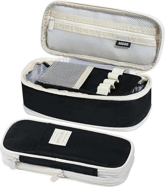 MoKo Large Capacity Pencil Case, Aesthetic Pencil Pouch Bag with Zipper, Cute Pen Case Stationery Organizer Holder for Office/School Supplies, Back to School Gift, Black