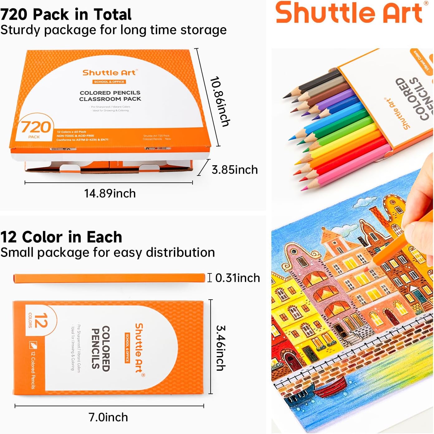 Shuttle Art 720 Colored Pencils Bulk, 12 Vibrant Colors, Pack of 60, Pre-sharpened Coloring Pencils, Wood Colored Pencil for Kids Teachers, Classroom Essentials, Back to School Supplies