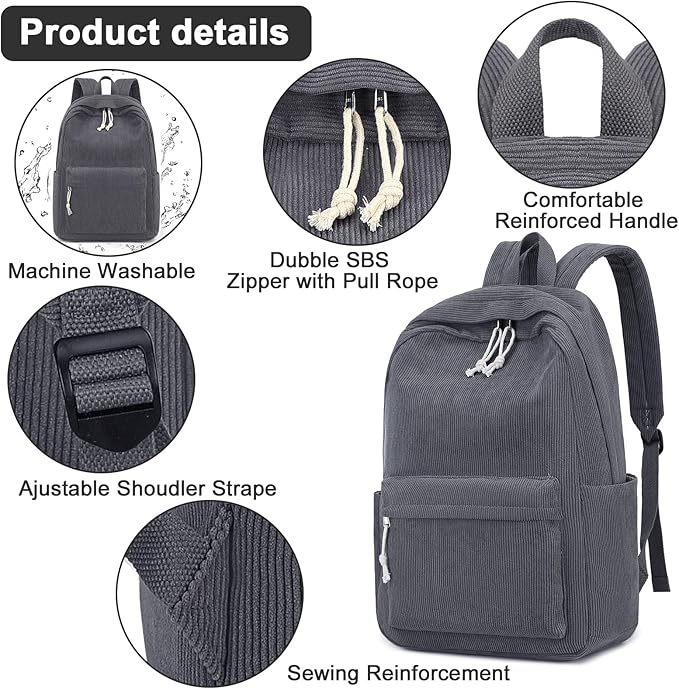 School Backpack for Teens Large Corduroy Bookbag Lightweight 15.6 inch Laptop Bag for Girls Women Casual High School College