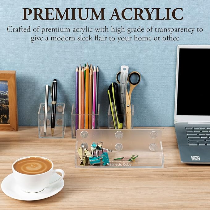 MyGift Premium Clear Acrylic Magnetic Dry Erase Marker Holder And Office Supplies Storage Containers, 4 Piece Set Includes 1 Tray and 3 Cubed Boxes