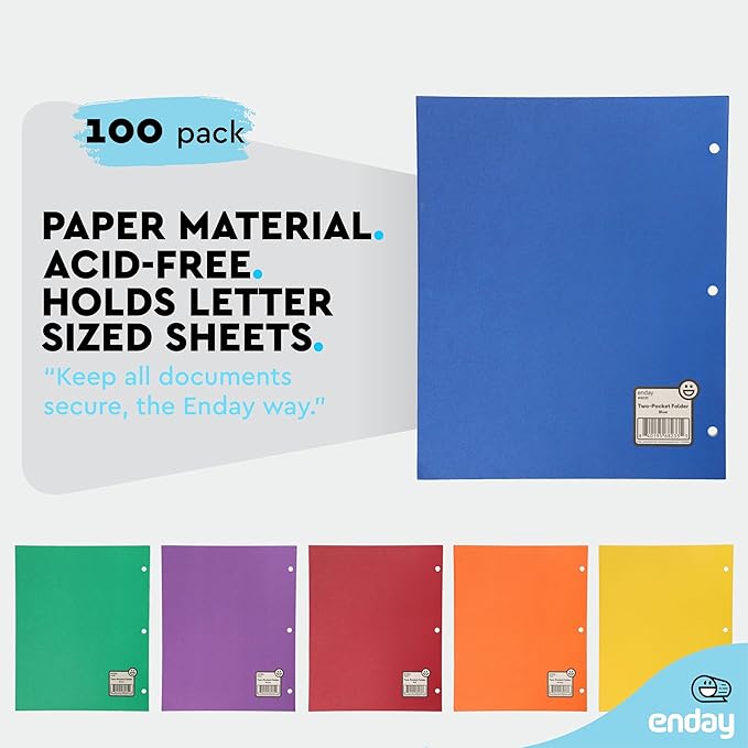 Blue Folders with Pockets 2 Pocket Folder Bulk, Two Pockets File for Letter Size Sheets, Bulk Paper Also Available in Blue, 100 Pack - by Enday