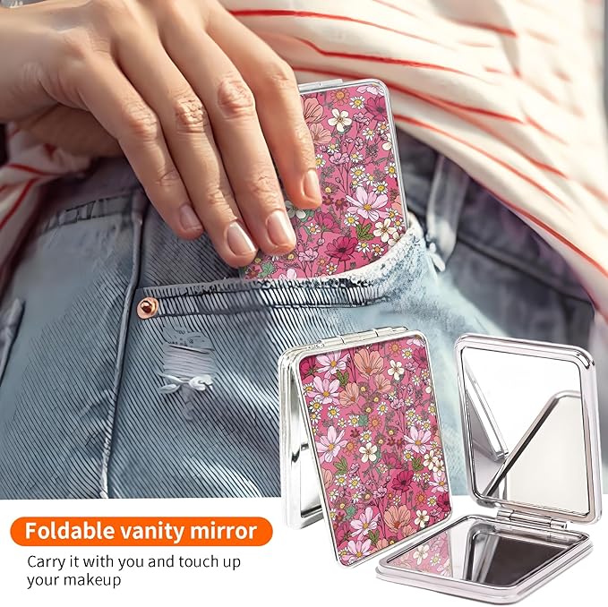 Compact Pocket Mirror, Cute Travel Mini Mirror with Magnification, Foldable Double-Sided Portable Cosmetic Mirror for Men, Women Pink Cute Flower