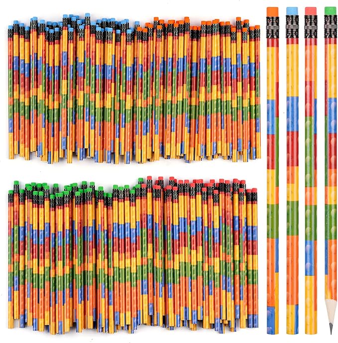 Kolewo4ever 100 Pieces Building Block Wood Pencils Colorful Round Pencils with Top Erasers Kids Birthday Goody Bag Bulk Filler for Exams, School, Office, Sketching Learning Activities