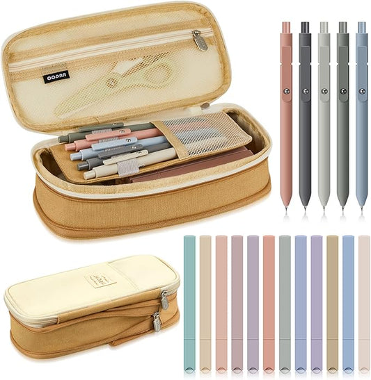 Henoyso 18 Set Aesthetic Bible Study Supplies Include Big Capacity Pen Bag with Zipper 12 Pcs Chisel Tip Bible Highlighters 5 Pcs Quick Dry Retractable Black Ink Pens for Office(Light Khaki)