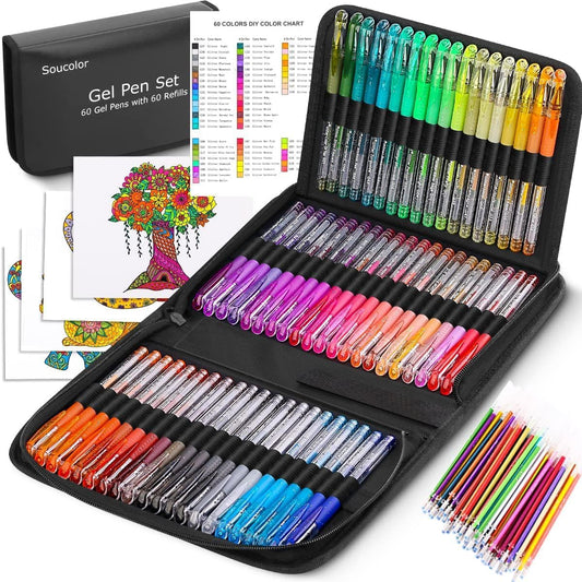 Soucolor Glitter Gel Pens for Adult Coloring Books, Back to School Supplies, 120 Pack-60 Glitter Pens, 60 Refills and Travel Case, 40% More Ink Markers Set for Drawing Doodling Journaling Art Supplies