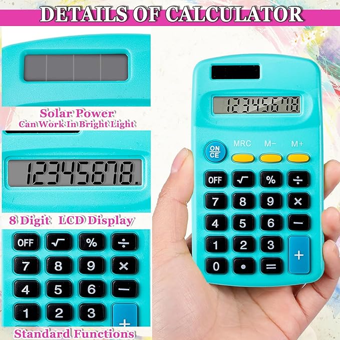 18 Pack Mini Pocket Calculators, Pocket Size Mini Calculators, 8 Digit Display Basic Calculator,Solar Battery Dual Power Function Calculator for Students Kids Home Office(9 Colors)