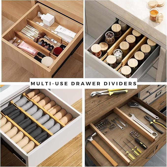 Expandable Bamboo Drawer Dividers 8 pack with labels(17"-22") Drawer Organizer for Kitchen, Clothes,Utensils,Silverware,Dresser,Office,Desk
