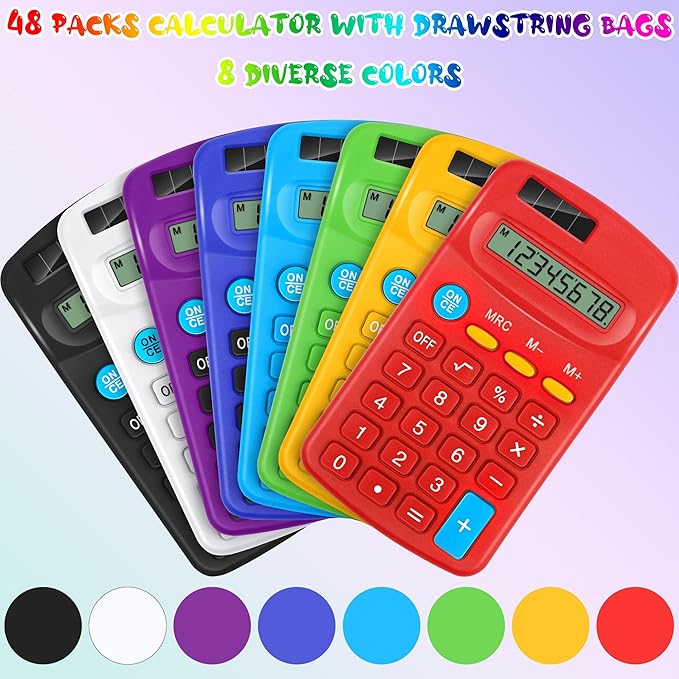 Aodaer 48 Pieces Back to School Pocket Size Calculator with Drawstring Bags Back to School 8 Digit Display Basic Calculator Mini Calculator Bulk for School Students Desktop Home Office, 8 Colors