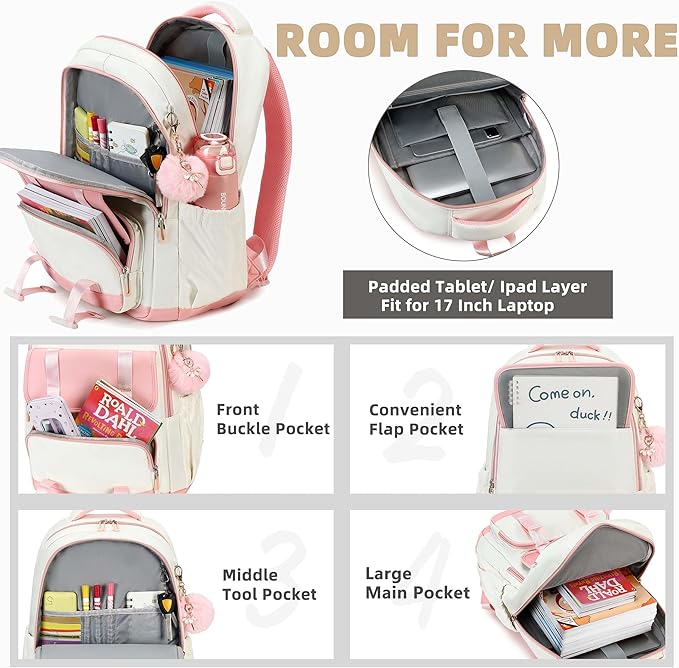 AO ALI VICTORY School Backpack for Girls Women 15.6 Inch Laptop Backpacks College Bookbag Cute Kids Elementary Middle High School Bag with Lunch Box Set for Teens Students Travel Daypack, Pink Set