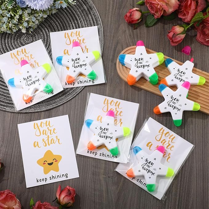 12 Sets Back to School Gifts for Students Star Highlighters with You're a Star Cards Gift Bags 5 in 1 Fluorescent Pens Affirmation Gifts for First Day of School Party Favor (Awesome)