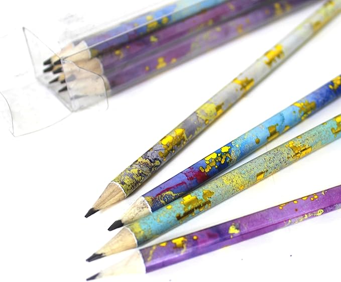 Channie's No. 2 HB 4 Gold Leaf Pencils Set of 12 - Fun Wooden Pencils with Colorful Abstract Patterns - Cute Desk Accessories