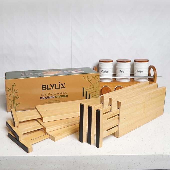 Adjustable Bamboo Drawer Dividers 6 Pack, Expandable Drawer Organizer for Kitchen, Bedroom, Bathroom, Dresser and Office, Each Divider Expands from 12" to 17.5" with – Free Mat Included in Package.