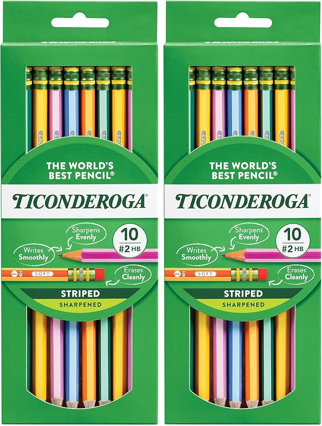 Ticonderoga® Striped Wood Pencils, 2 Soft Lead, Assorted Colors, Pack of 20