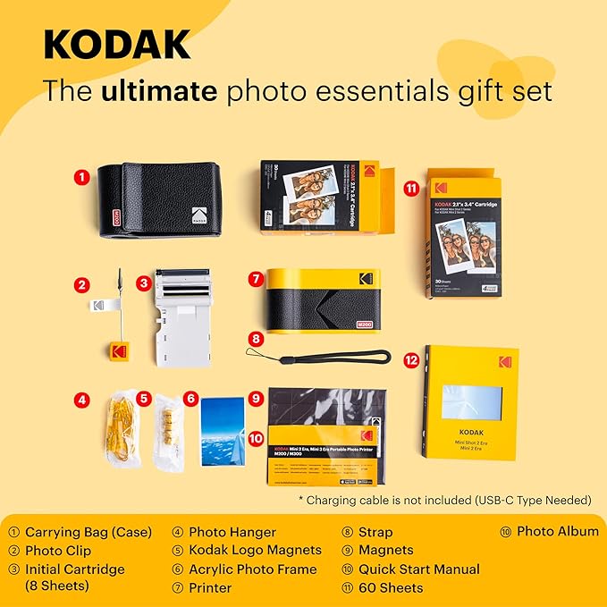 KODAK Mini 2 ERA 4PASS Portable Photo Printer (Yellow, Printer + Initial 8 Sheets + 60 Sheets + Accessories)