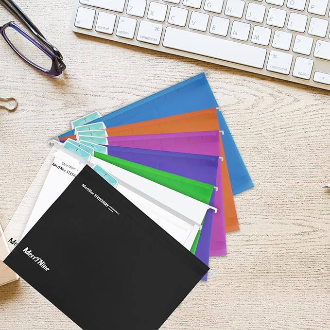 Merrynine Hanging File Folders Letter Size 24pcs, Polypropylene Filing Cabinet Folders Organizer with 1/5-Cut Tabs and Inserts, File Organizers for Office School Home Hospital, Assorted Colors