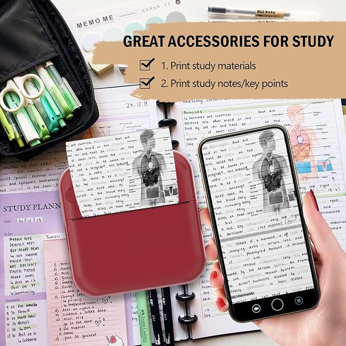 Mini Photo Printer - Portable Pocket Sticker Printers for iPhone Thermal Printer with 10 Rolls Thermal Paper for Photo, Memo, Journal - Dark Red