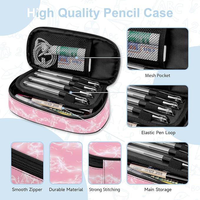 Lightning Large Pencil Case Big Capacity Pink Pencil Pouch for Girls Boys Teen Women Men Adult, Portable Kids Pencil Bag with Zipper, Stationery Storage Pen Bag for School Supplies Office Organizer