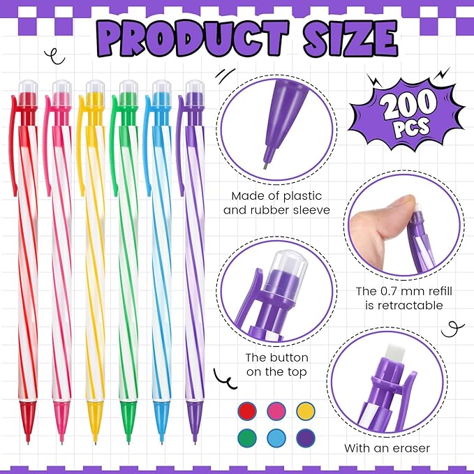 Colarr 200 Pcs Back to School 0. 7mm Mechanical Pencils with Eraser Bulk Colorful Cute Inkless Mechanical Pencils for Office Classroom School Student Writing Drawing Sketching(Stylish Style)