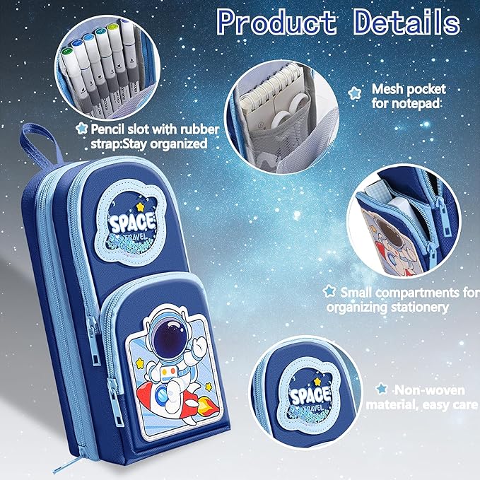 Blue Cute Pencil Case for Boys & Large Zippered Pen Pouch Organizer with Aesthetic Design Kids School Supplies canvas Marker Bag Travel Stationery Box back to School Gift for Boys (blue)