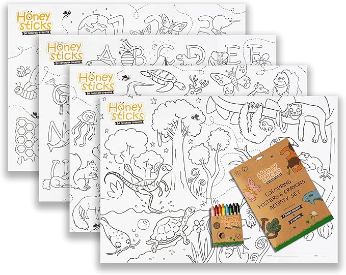Honeysticks Kids Activity Set - 4 Giant Coloring Posters for Kids and 8 Jumbo Beeswax Crayons - Fun and Educational Posters for Toddler, Preschool Coloring. Perfect Gifts for Toddlers, Kids Aged 3-5