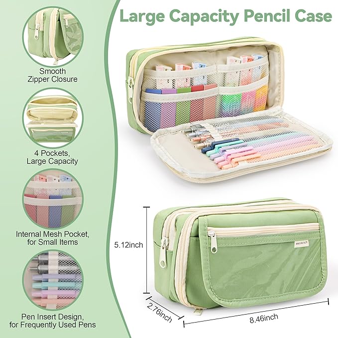 61 PCS Aesthetic School Supplies with Cute Pencil Case, Pastel Highlighters, Gel & Erasable Pens, Mechanical Pencils, Refills, Complete Essentials Stationery Kit for Students (Green)