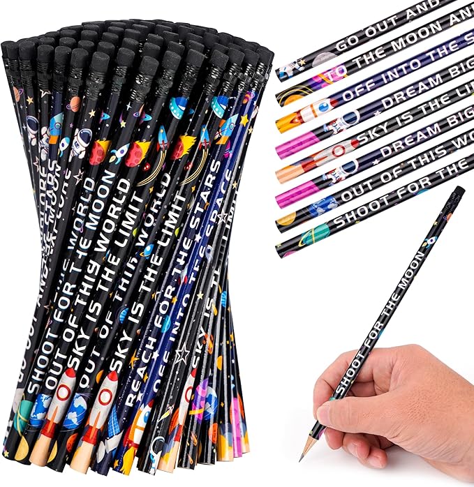 Kolewo4ever 100 Pieces Space Theme Pencils - Fun Astronaut Pencils with Matching Eraser for Classrooms, Student Reward, Space Party Favors