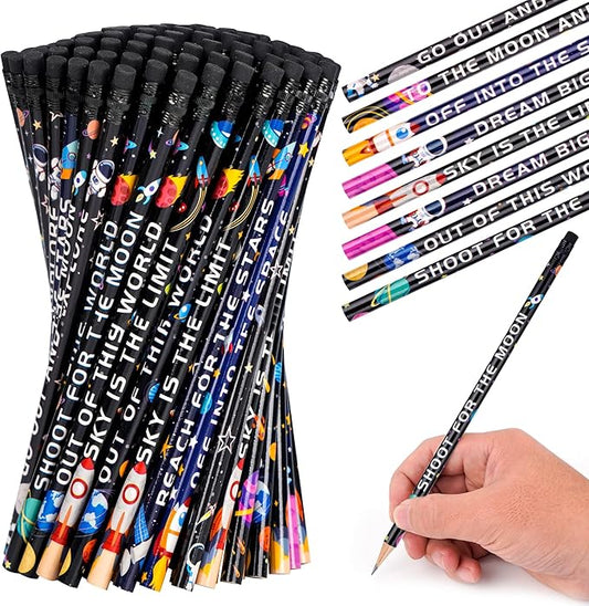 Kolewo4ever 100 Pieces Space Theme Pencils - Fun Astronaut Pencils with Matching Eraser for Classrooms, Student Reward, Space Party Favors