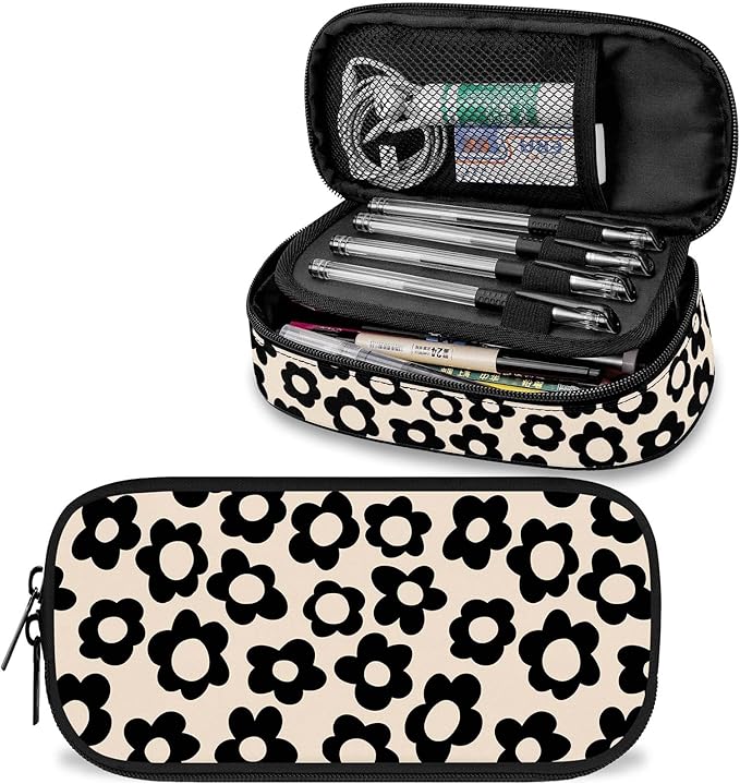 Beige with Black Flower Large Pencil Pouch Big Capacity Cute Pencil Case for Girls Boys Teen Women Men Adult,Portable Kids Pencil Bag with Zipper,Stationery Storage Pen Bag for School Office Organizer