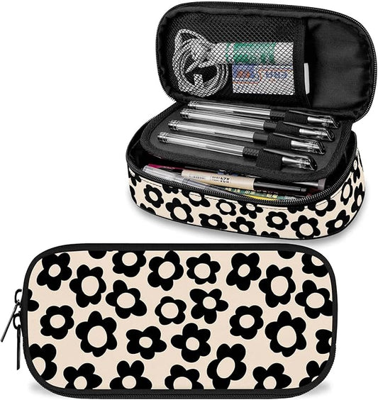 Beige with Black Flower Large Pencil Pouch Big Capacity Cute Pencil Case for Girls Boys Teen Women Men Adult,Portable Kids Pencil Bag with Zipper,Stationery Storage Pen Bag for School Office Organizer