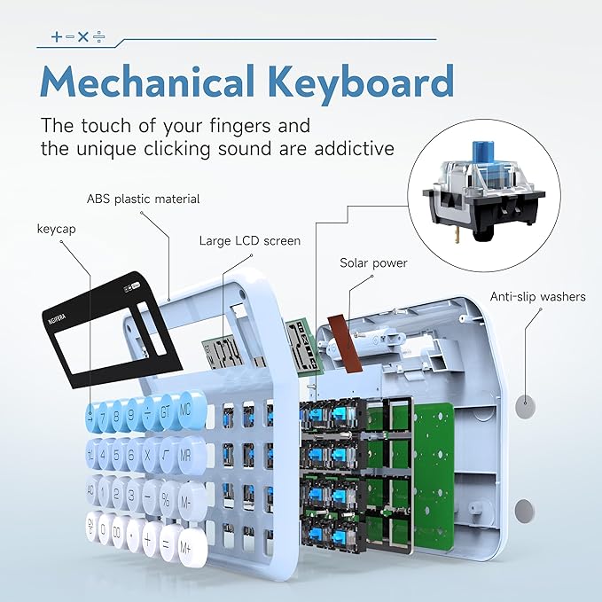 Mechanical Calculator,12 Digits, Large LCD Display,Big Buttons,Solar and Battery Dual Power Mechanical Keyboard Desktop Calculators,Cute and Aesthetic (Blue Gradient, Large)