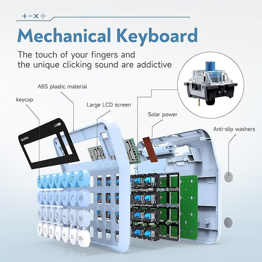 Mechanical Calculator,12 Digits, Large LCD Display,Big Buttons,Solar and Battery Dual Power Mechanical Keyboard Desktop Calculators,Cute and Aesthetic (Blue Gradient, Large)