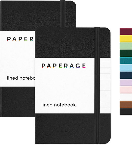 PAPERAGE Lined Pocket Journal Notebook, 2 Pack, (Black), 160 Pages, Small Notebook, 3.6 inches x 5.6 inches - 100 GSM Thick Paper, Hardcover