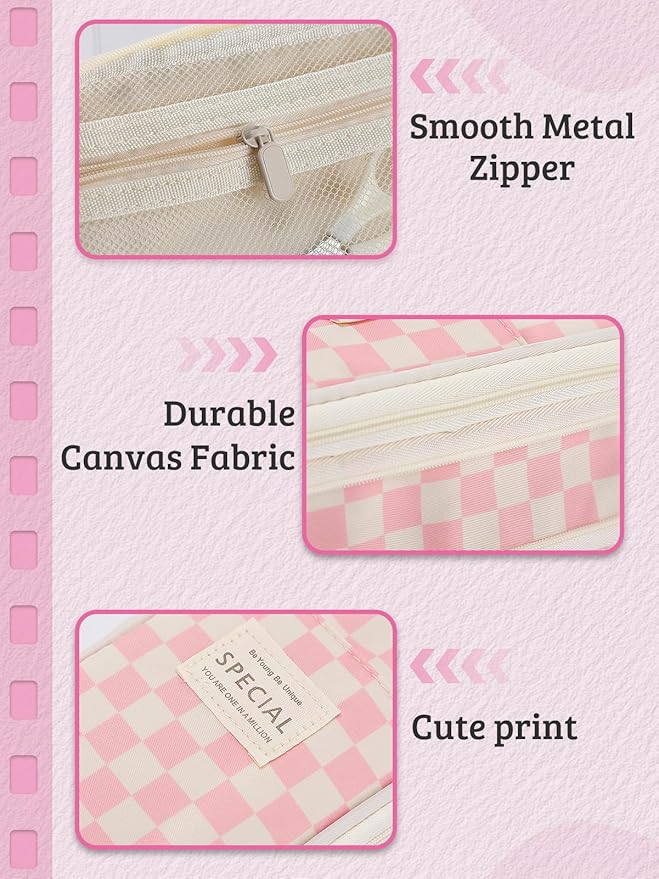 Large Capacity Pencil Case for Teens Girls - Cute Checkerboard Pencil Pouch with Zipper, Stationery Bag Box for Student Back to School Gifts, Pink