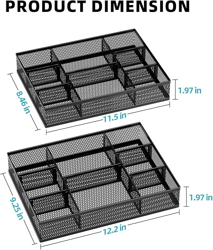 Marbrasse 2 Pack Desk Drawer Organizer, Mesh Drawer Organizer Tray with 8 Adjustable Compartments, Desk Organizers and Accessories, 5 Dividers Drawer for Office Supplies, Makeup & Vanity (Black)