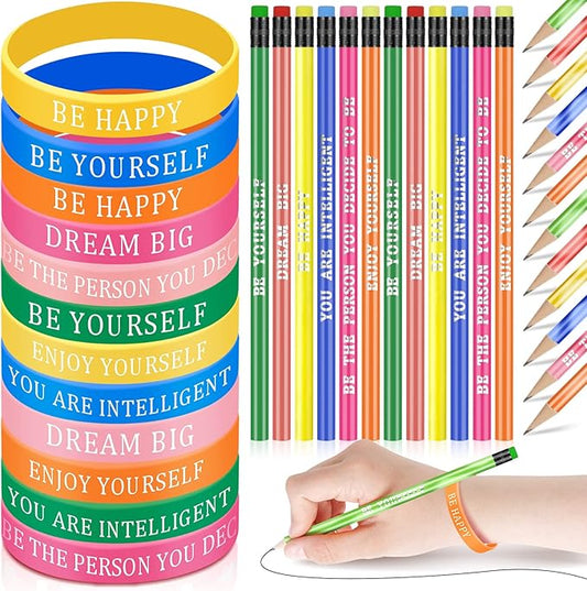Sabary 48 Pcs Motivational Pencils Inspirational Silicone Bracelets Set Mood Pencil Motivational Quote Rubber Wristbands for Kids Teens Christmas Classroom Gifts for Students (Colorful Background)