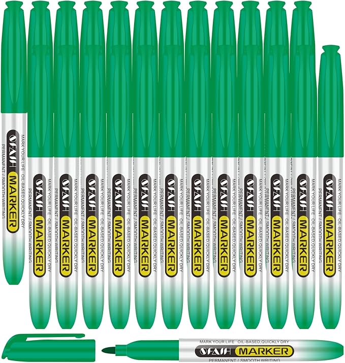 SFAIH Green Permanent Markers Bulk - 24 Pack, 1s Quick Dry, Fine Point Permanent Markers for Paper Plastic Glass Metal Wood, Waterproof, Kitchen Classroom Office, Doodling, Marking, Non-Fading
