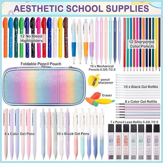 78PCS Aesthetic School Supplies with Cute Pencil Case, Pastel Highlighters Gel Pens Mechanical Pencils Set 0.5 0.7 & 2.0mm, Back to School Supplies Student Stationary Set, Pencil Pouch with Supplies