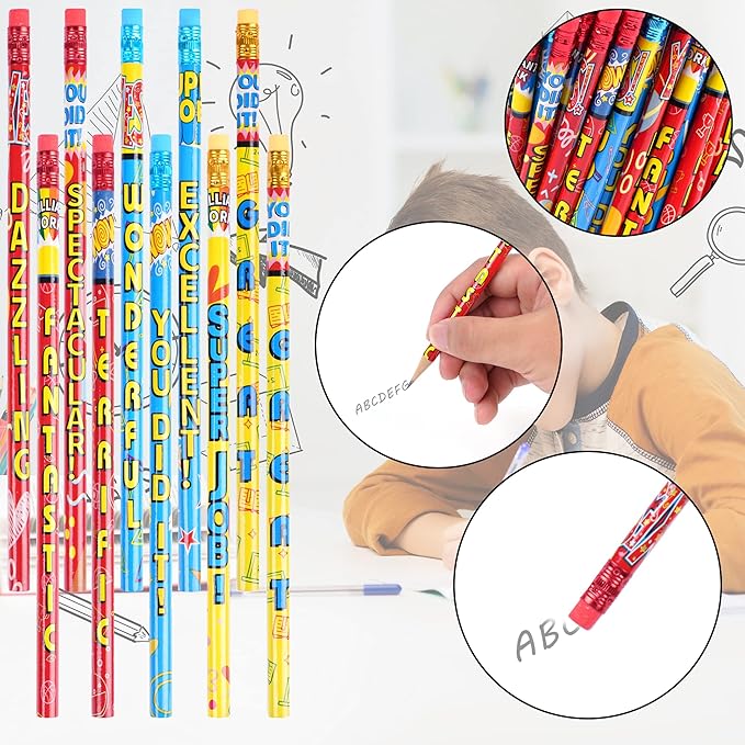Kolewo4ever Inspirational Pencils, 100 Pieces with 10 Different Designs, Words of Encouragement, Smooth Graphite, Colorful Eraser, Suitable for School, Home, Office