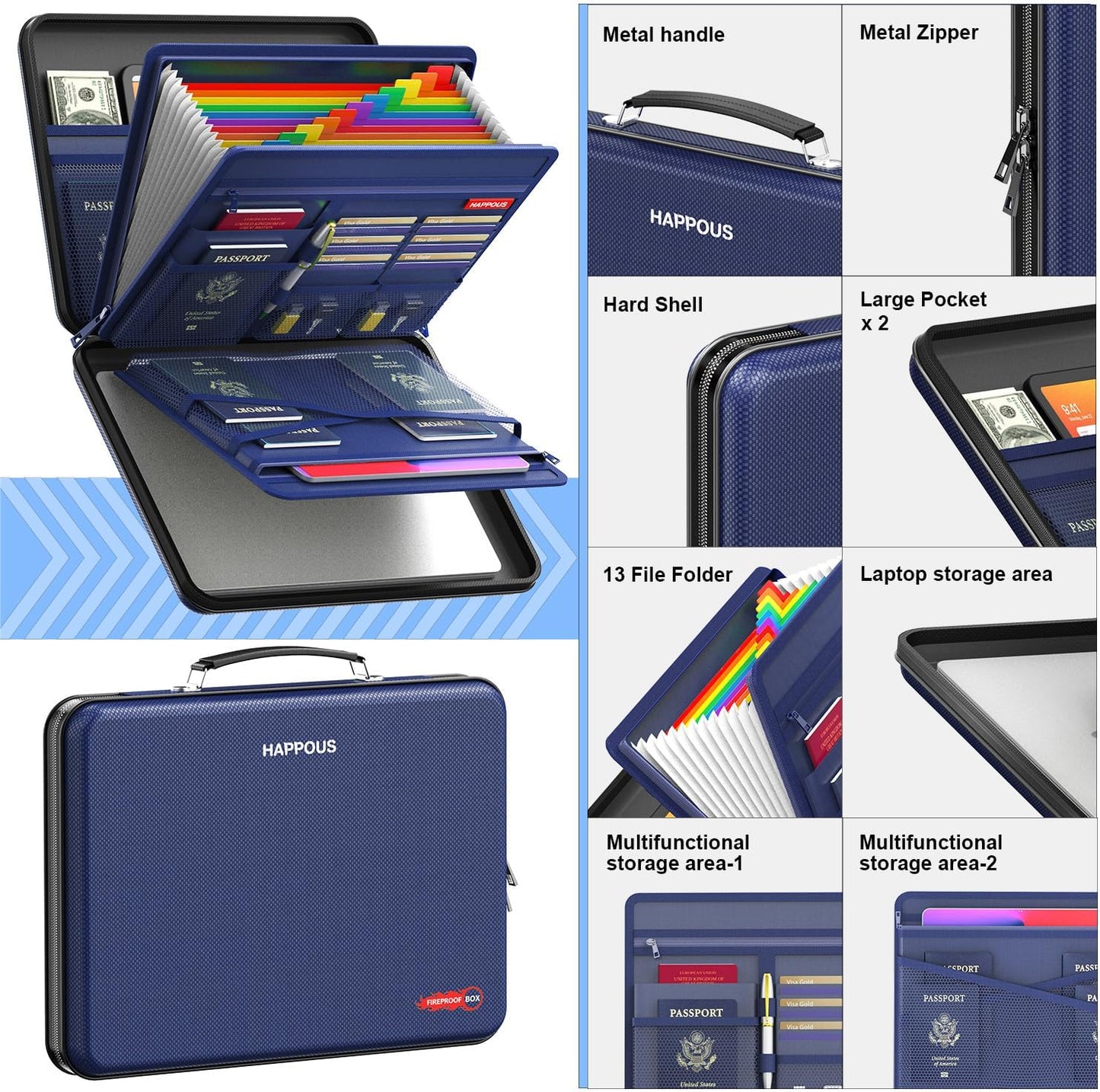 Fireproof File Organizer, Expanding File Folder with 13 Pockets, Portable Fireproof Document Box Hard-Shell Document Organizer Storage for Documents Laptop Passports Cards Blue