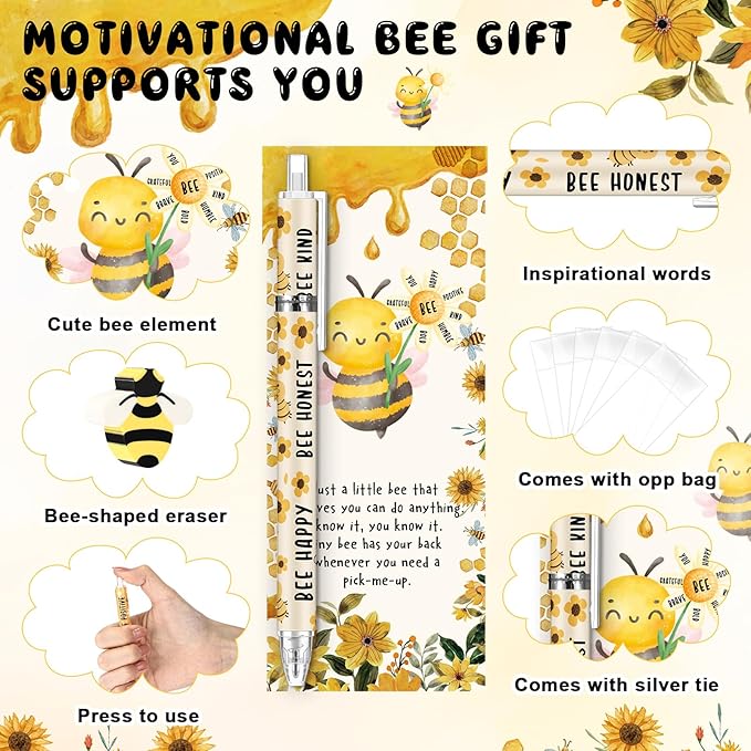30 Sets Inspirational Bee Gifts Bulk 6 Styles 0.7 mm Motivational Mechanical Pencils with Erasers Positive Cards Back to School Gifts for Student Teacher Coworker Office Supplies