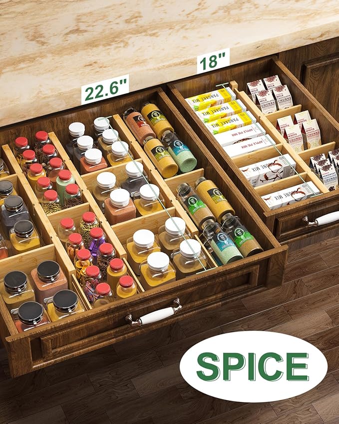 Bamboo Drawer Dividers - Adjustable Drawer Dividers for Clothes, Kitchen, Closet & Office - 8 Pack with Inserts, 18-22.6 Inches, Non-Slip Silicone Ends