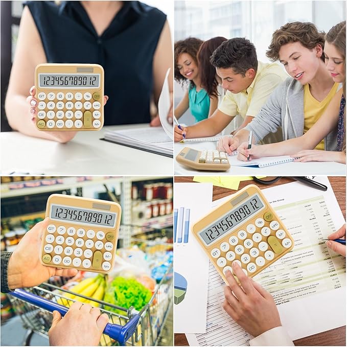 Beige Standard 12 Digit Calculator with Large LCD Display and Big Buttons - Cute Office, School, Home, Business Accessory