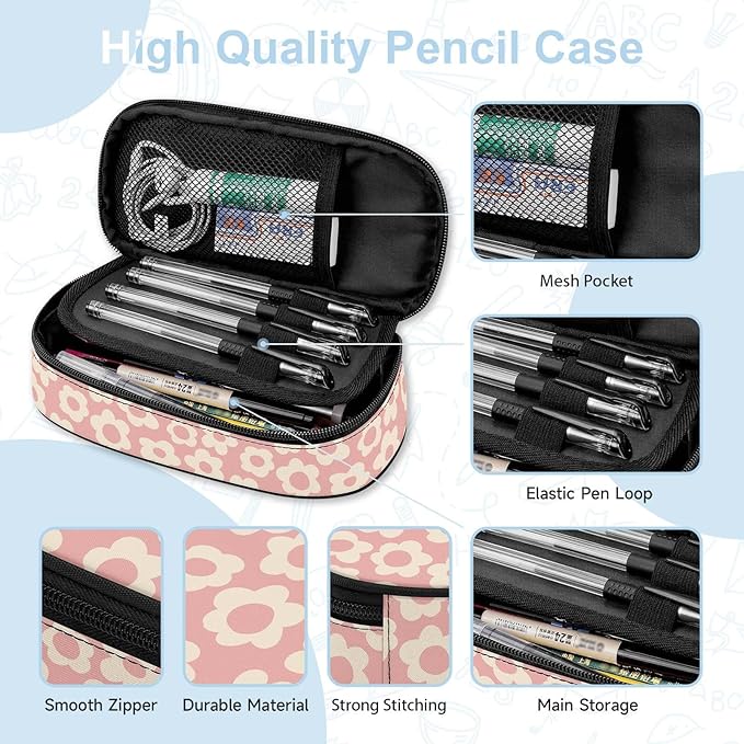 Pink Groovy Flowers Large Pencil Pouch Big Capacity Cute Pencil Case for Girls Boys Teen Women Men Adult, Portable Kids Pencil Bag with Zipper, Stationery Storage Pen Bag for School Office Organizer