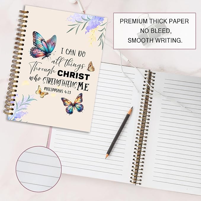 Bible Notebook, A5 Spiral Christian Journal Butterfly Notebook, Bible Verse-I Can Do All Things Through Christ Who Strengthens Me, Inspirational Notebooks for Women, Gift for Birthday Christmas