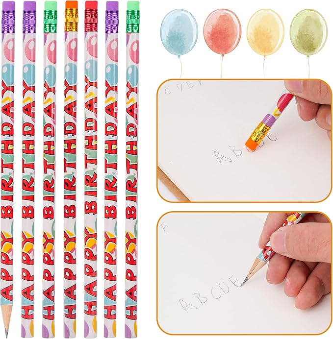 Kolewo4ever 200Pcs Happy Birthday Pencils Colorful Printed Pencils for Students Happy Birthday Teacher Pencil Classroom with Top Erasers for Kids Birthday Party Supplies Favors